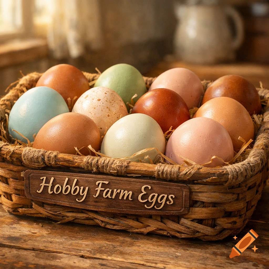 A woven basket filled with various colored farm eggs, including brown, white, blue, and green, with a wooden sign reading 'Hobby Farm Eggs'.