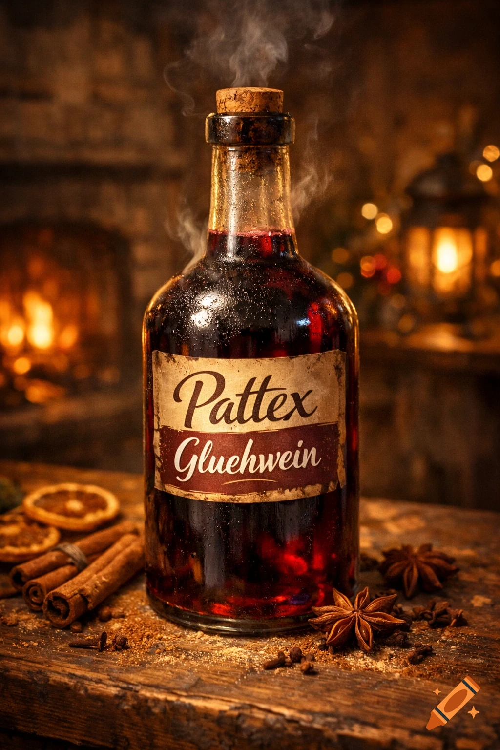 A steaming bottle of Glühwein with spices on a rustic wooden table, a cozy fireplace and lantern in the background. Photorealistic.