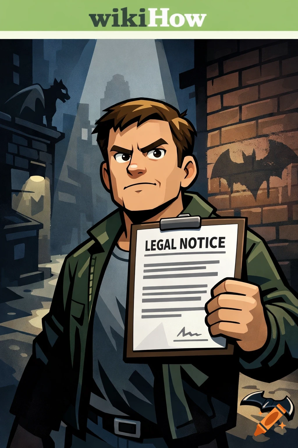A cartoon man with a stern expression holds a 'LEGAL NOTICE' clipboard in a dark, grimy alley with a Batman symbol and gargoyle. The wikiHow logo is at the top.