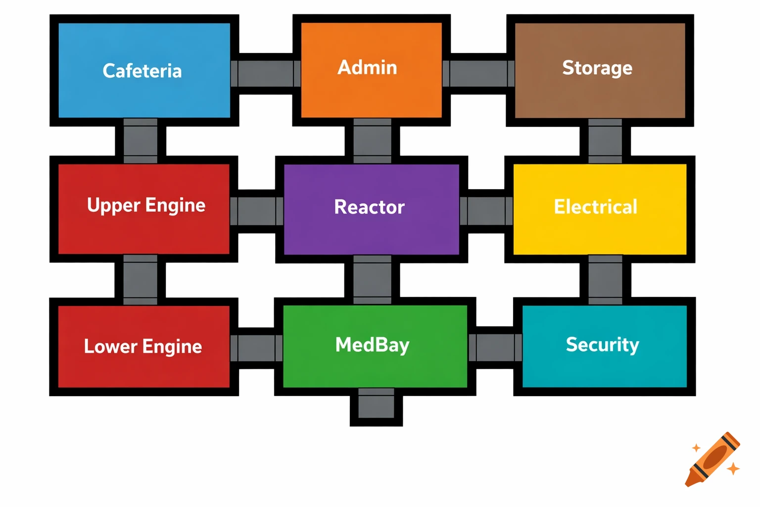 Top-down 2D schematic map of a futuristic space station, showing nine labeled rectangular rooms connected by corridors, on a white background.