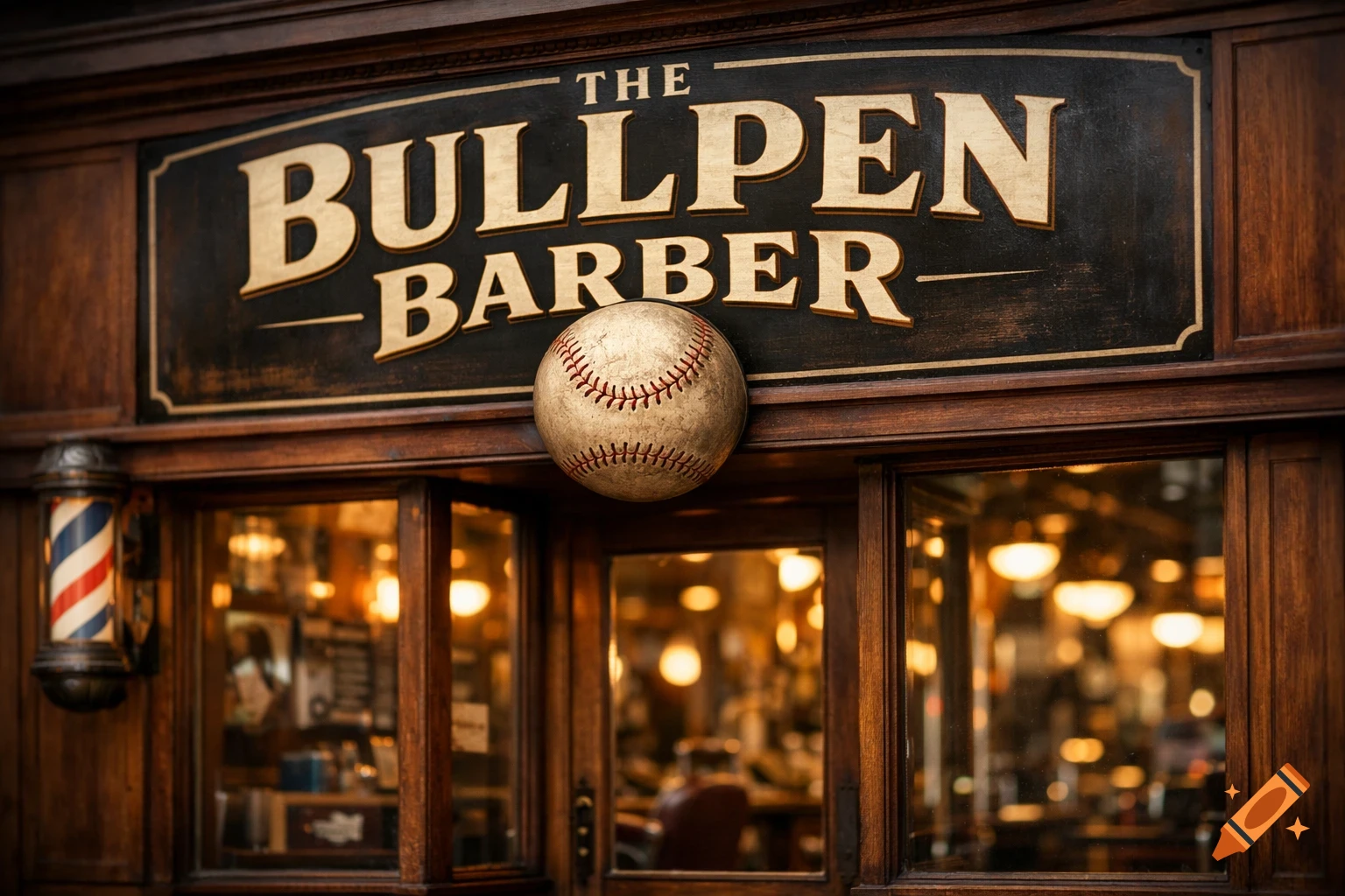 Photorealistic image of a vintage-style barbershop exterior with a wooden sign reading "THE BULLPEN BARBER" and a baseball below it, next to a barber pole.