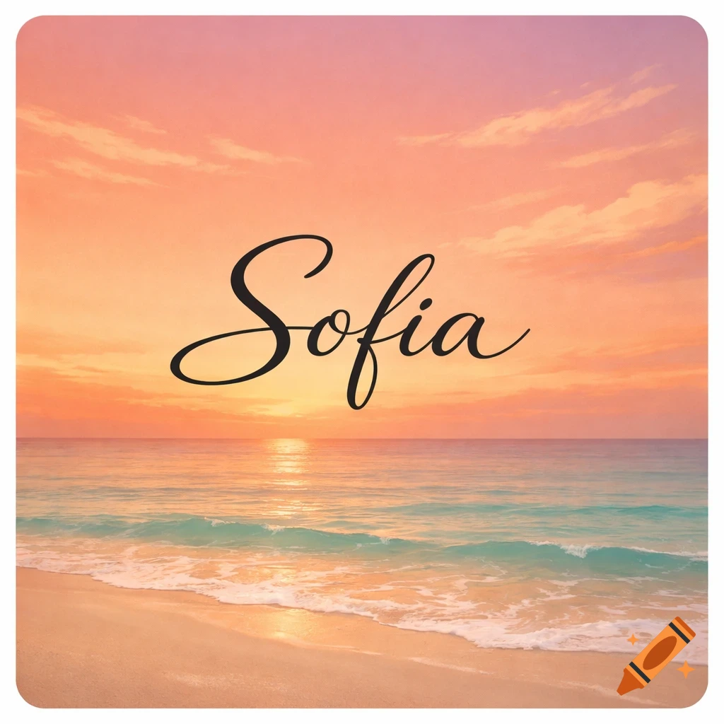 Peaceful beach at sunset with warm orange and pink sky, calm ocean, and the name "Sofia" in elegant black cursive script.