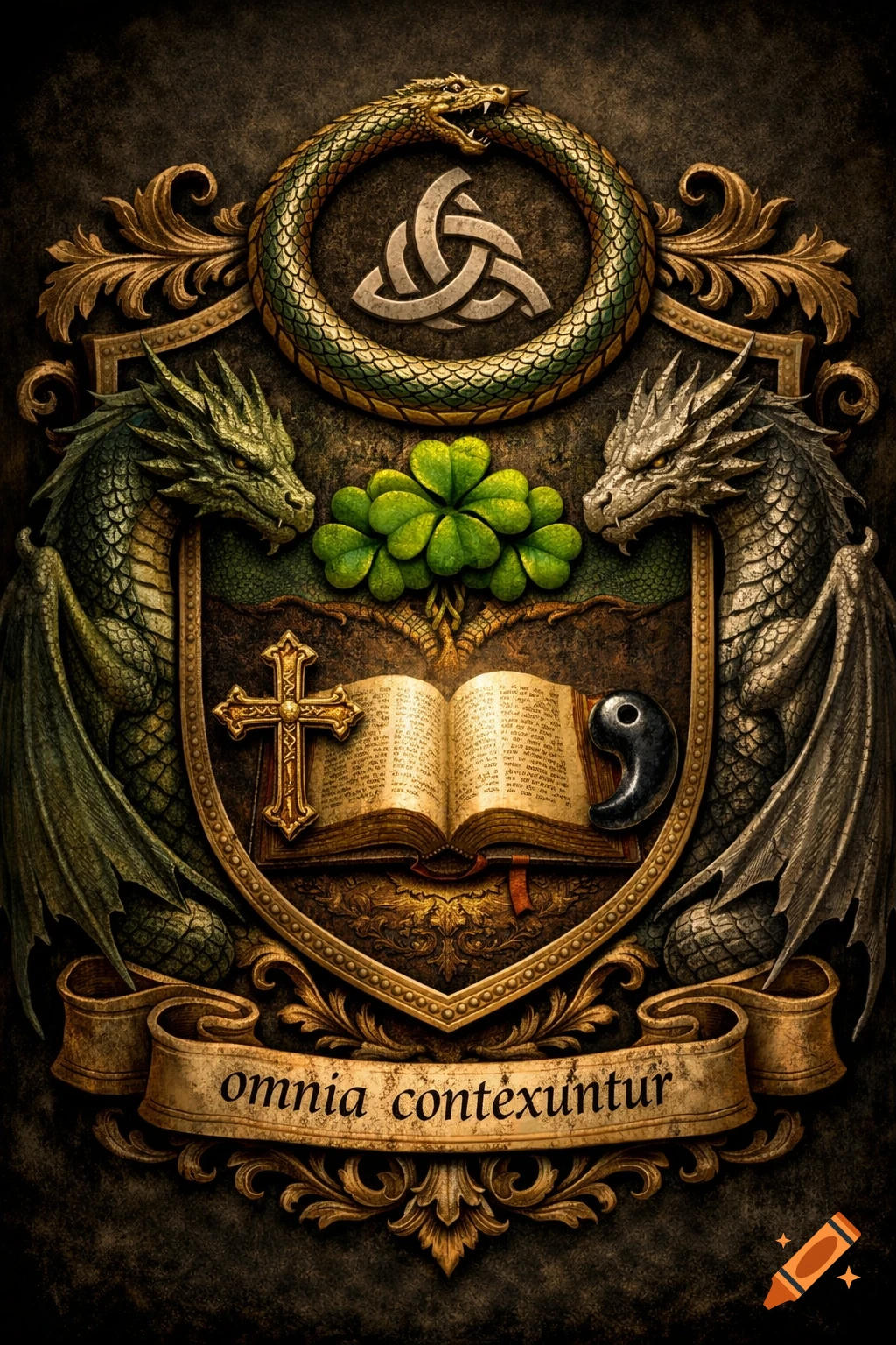 A richly detailed coat of arms with two dragons guarding a shield containing an Ouroboros, Celtic knot, shamrocks, open bible, Armenian cross, and magatama. A banner below reads 'omnia contexuntur'.