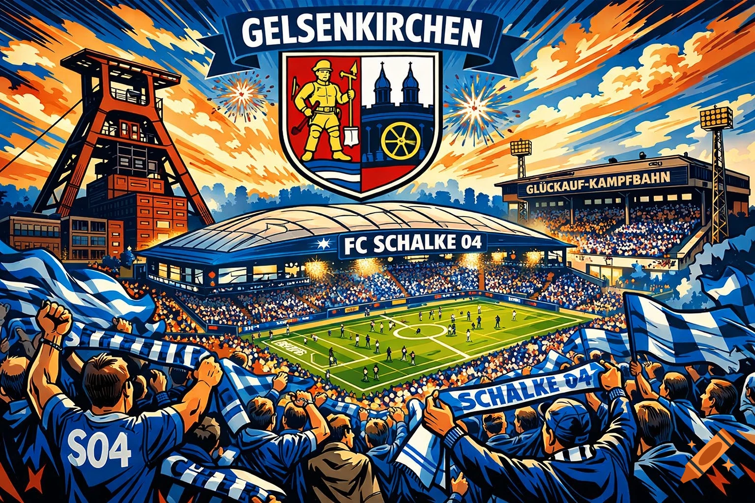 Comic art illustration of a packed football stadium with fans cheering, city landmarks, and banners for FC Schalke 04 and Gelsenkirchen.