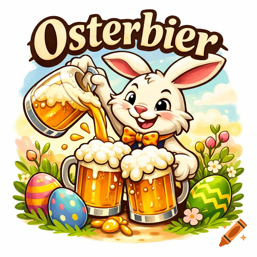 Cartoon Easter bunny pouring beer into two mugs, surrounded by colorful Easter eggs and spring flowers. Text reads 'Osterbier'.