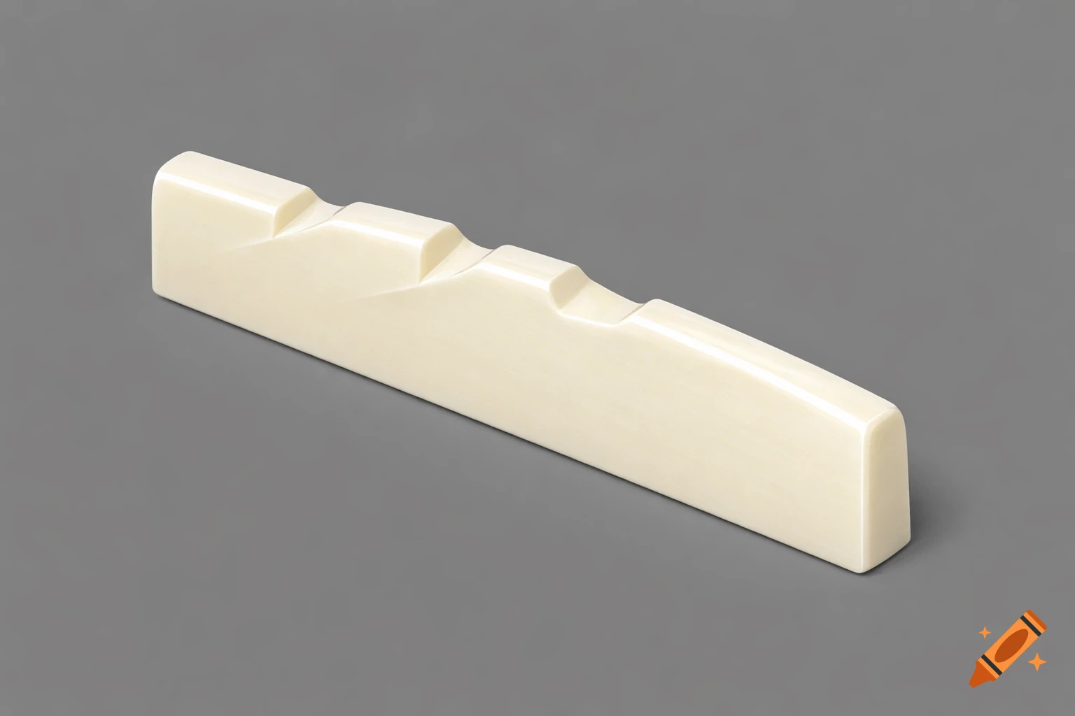 A creamy white compensated acoustic guitar saddle with several bevels on its top edge, against a gray background.