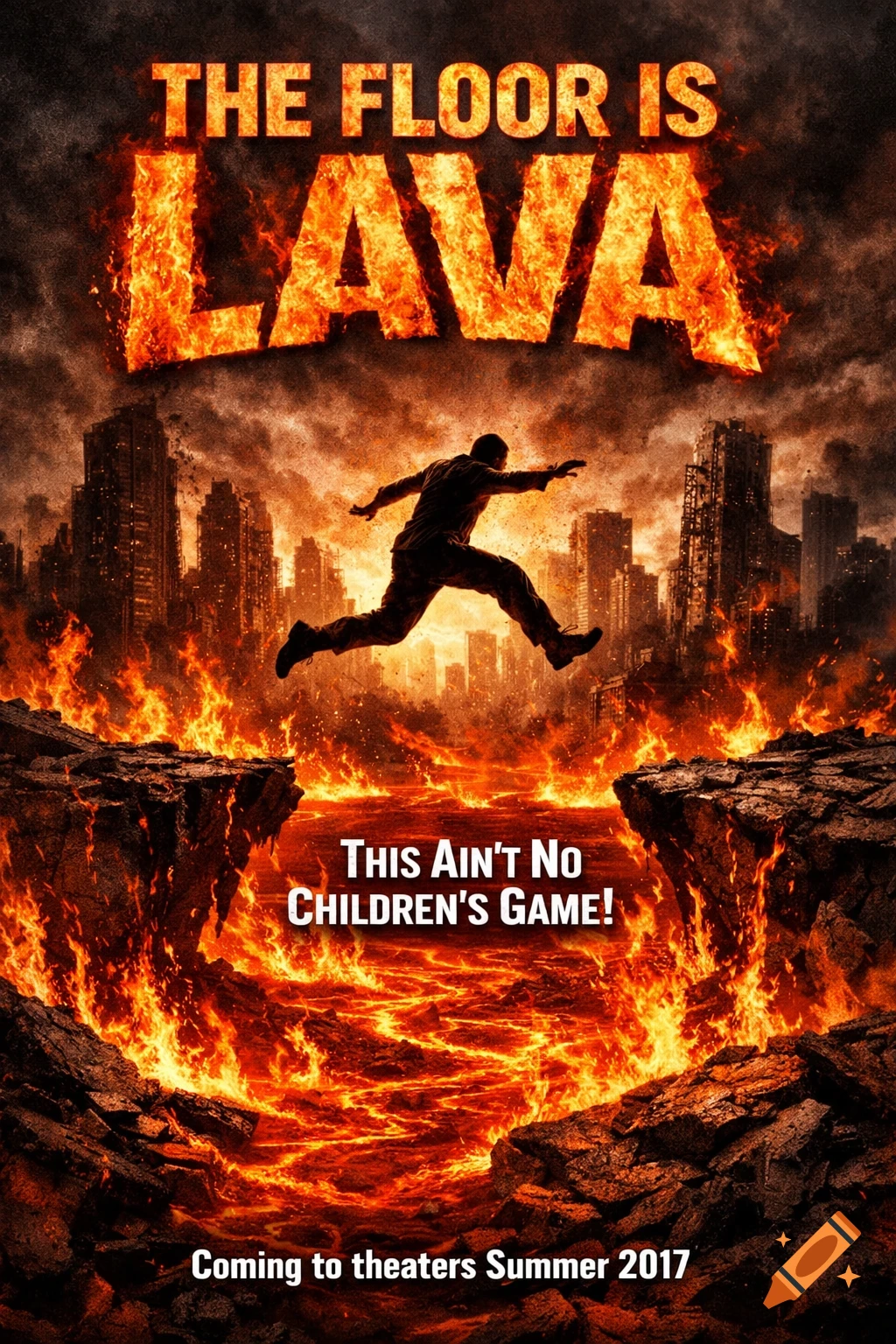 Movie poster for 'The Floor is Lava' showing a man jumping over a river of lava amidst a burning cityscape.