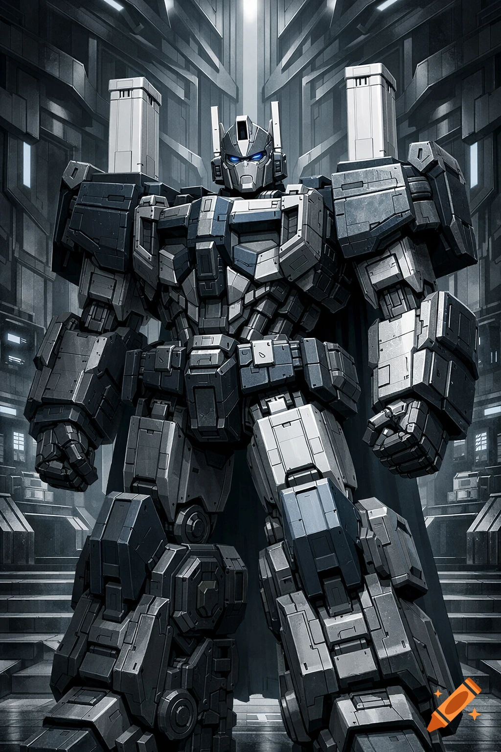 Highly detailed digital art of Ultra Magnus, a large, powerful robot, in a dark, futuristic metallic environment.