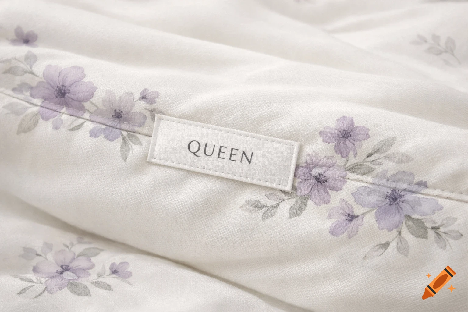 Close-up of a soft, off-white bed sheet with a delicate purple floral design and a 'QUEEN' label.