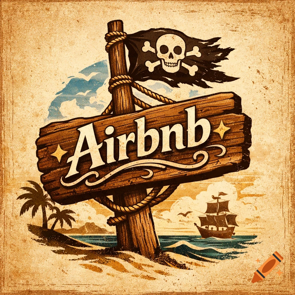 Vintage illustration of a wooden 'Airbnb' sign on a beach with a pirate flag, palm trees, and a ship.
