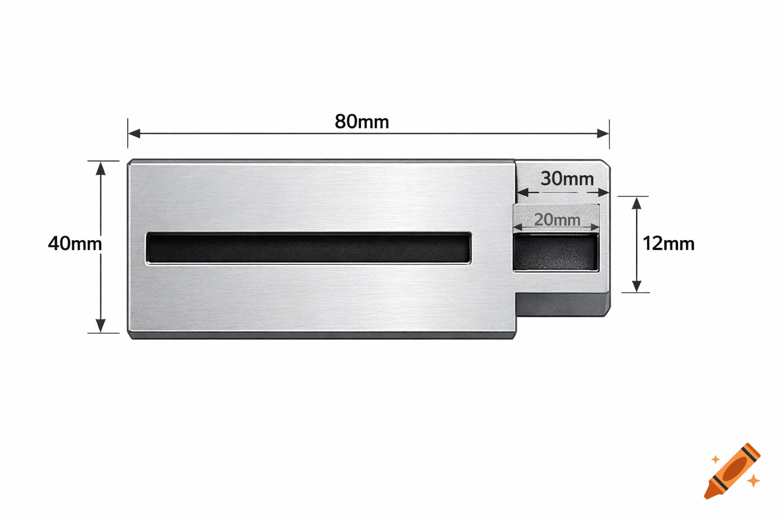 Top view technical drawing of a silver brushed metal object with dimensions: 80x40mm, featuring a 30mm extension and a 20x12mm cutout.