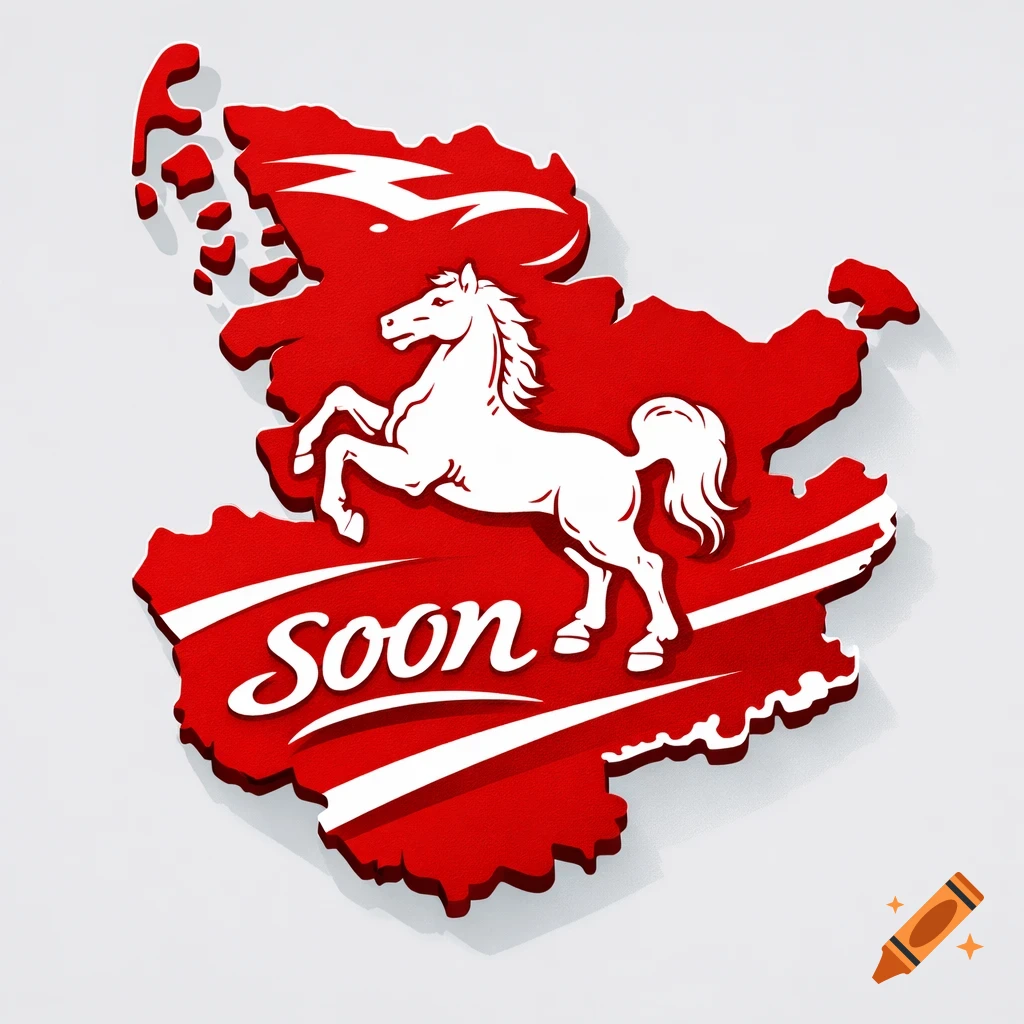 A red map-shaped logo featuring a white rearing horse and the word 'Soon' in white script.