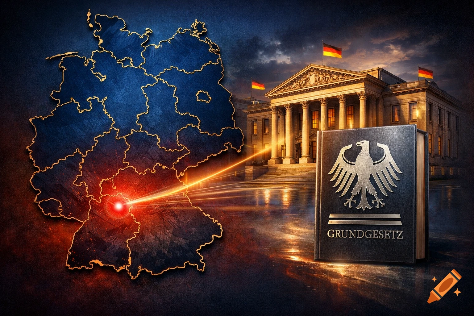 A stylized map of Germany with a glowing red point, a classical government building with German flags, and a book titled GRUNDGESETZ with an eagle emblem.