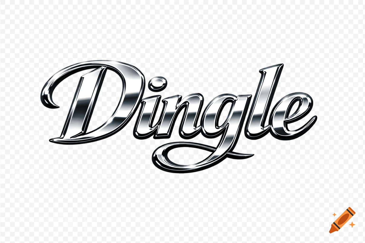 The word "Dingle" rendered in shiny, reflective silver 3D script lettering on a transparent background.