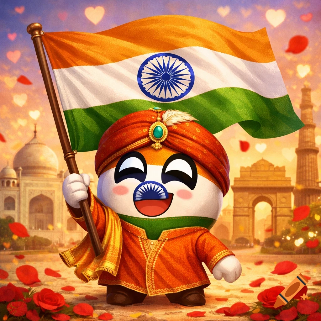 A cute cartoon countryball in traditional Indian attire holds a flag, smiling before the Taj Mahal and India Gate with rose petals.