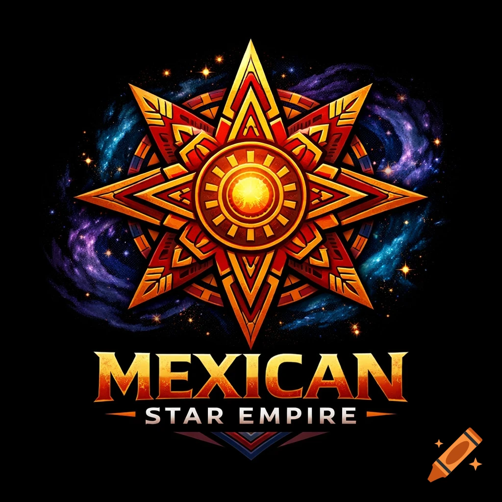 Ornate gold and red star logo with Aztec patterns and glowing center against a nebula, with 'MEXICAN STAR EMPIRE' text.