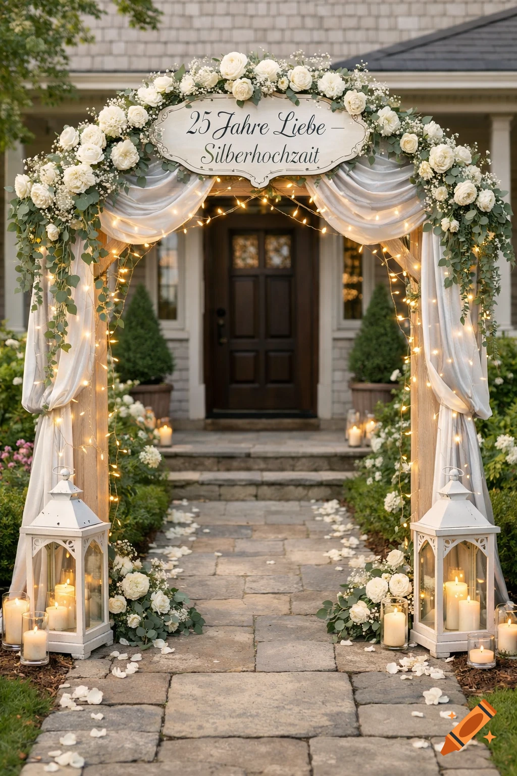 An elegant archway decorated with white roses, greenery, lights, and white lanterns leads to a house, with white petals scattered on a stone path.