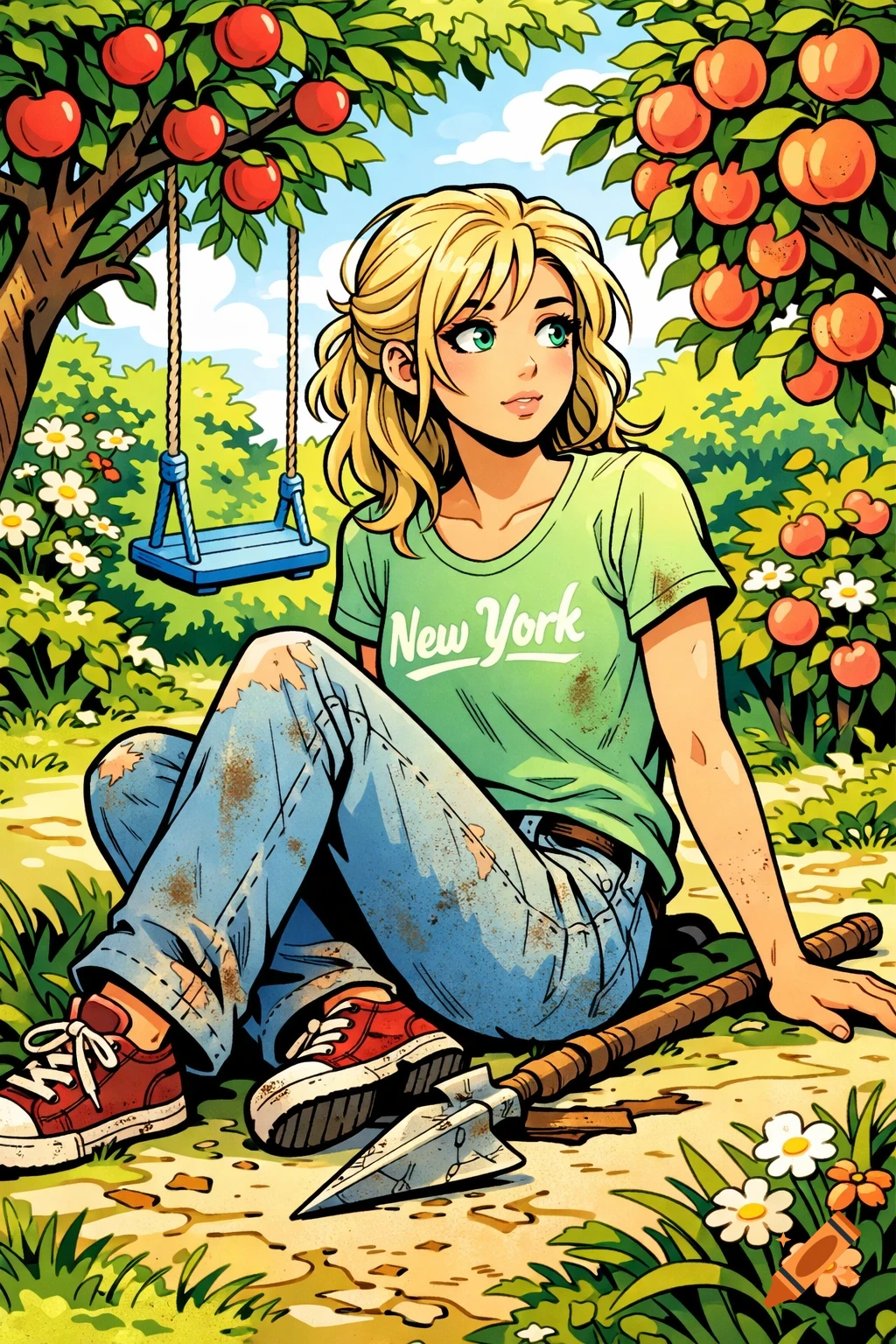 Anime-style blonde girl in a green 'New York' t-shirt and dirty jeans sits in a garden under fruit trees with a swing and spear.