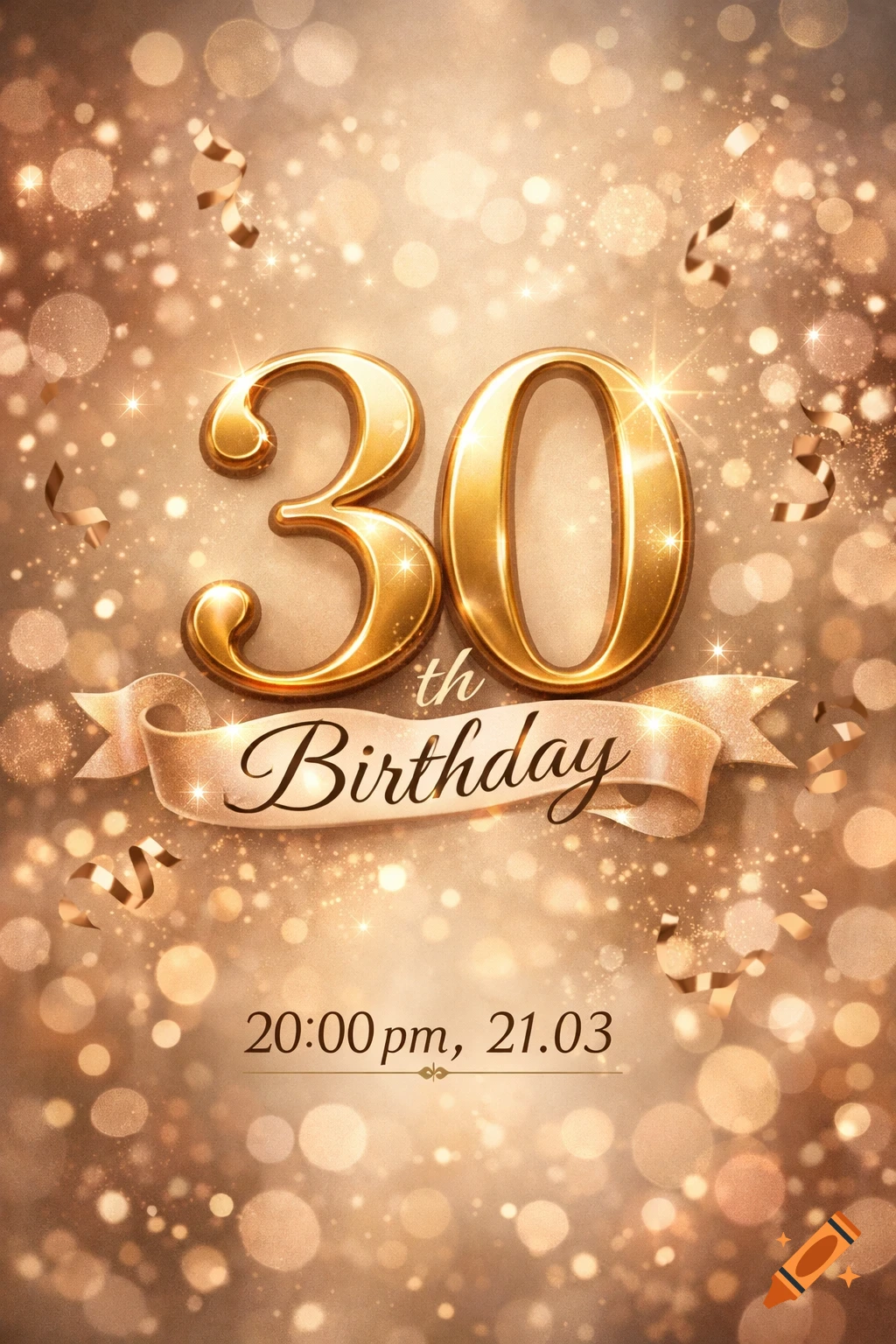 Golden 30th Birthday invitation with a sparkling background, confetti, and a ribbon displaying '20:00 pm, 21.03'.
