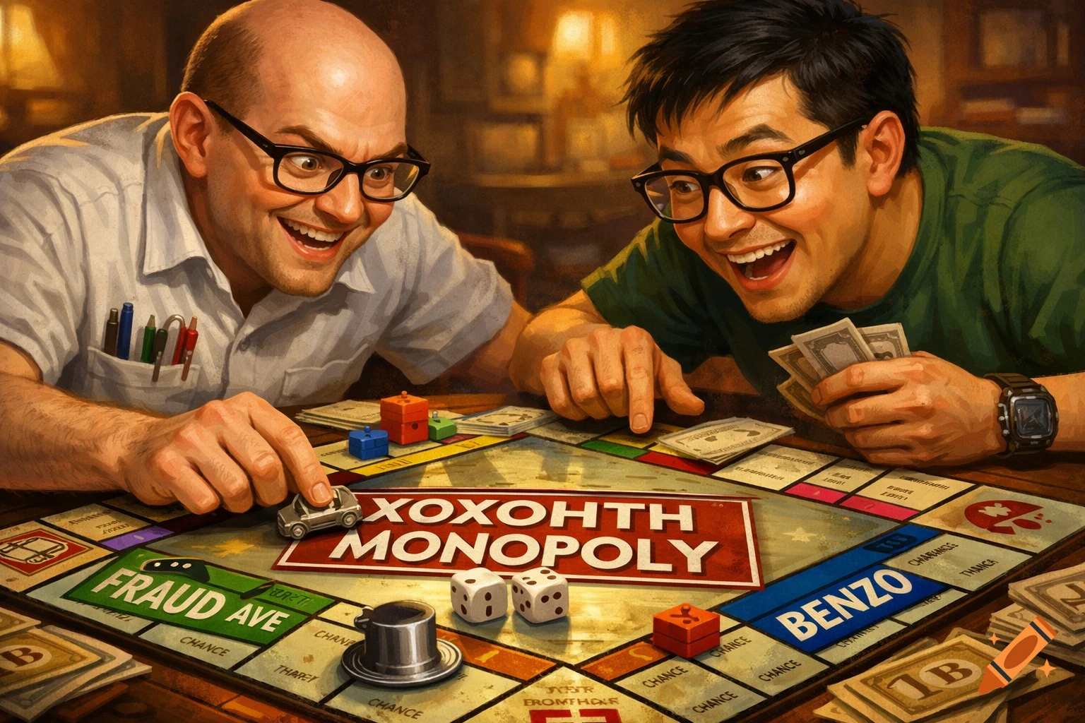 Two excited men in glasses playing a board game resembling Monopoly, with squares labeled "Fraud Ave" and "Benzo" visible.