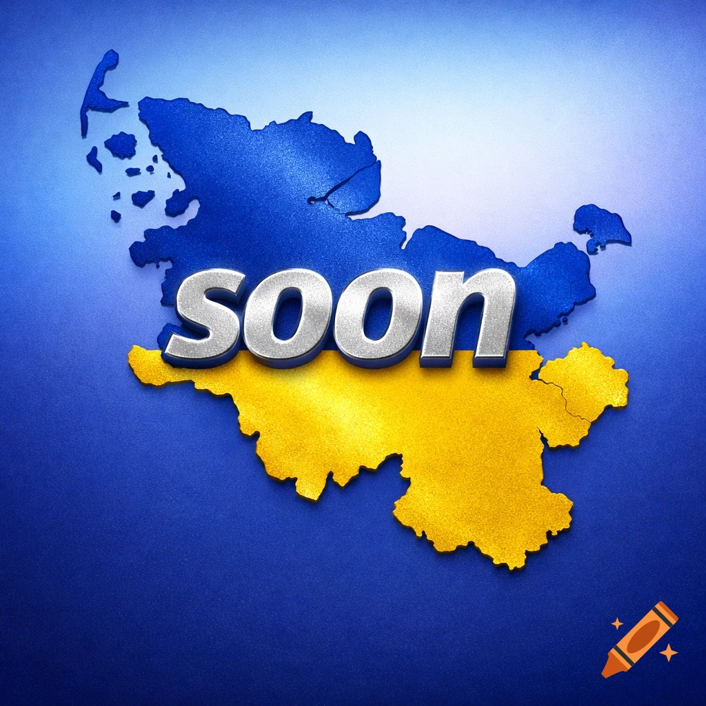 A stylized 3D map outline in blue and yellow, resembling Schleswig-Holstein, with the silver word "soon" layered on top.