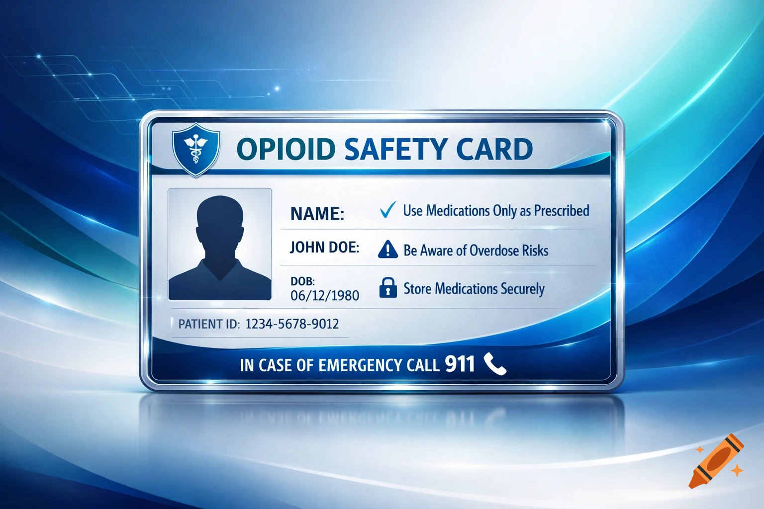 An Opioid Safety Card with placeholder name John Doe, date of birth, patient ID, and instructions on safe medication use, overdose risks, and secure storage, with an emergency call 911 notice.