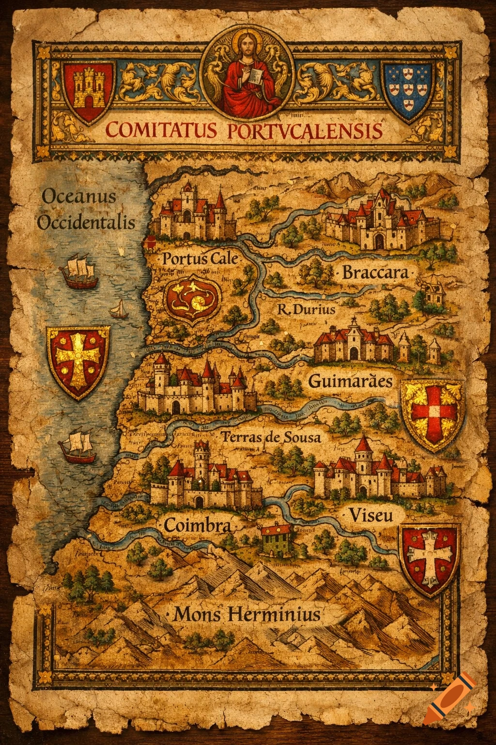An ancient, illuminated medieval map of the County of Portugal, featuring castles, rivers, coats of arms, and Latin text on aged parchment.