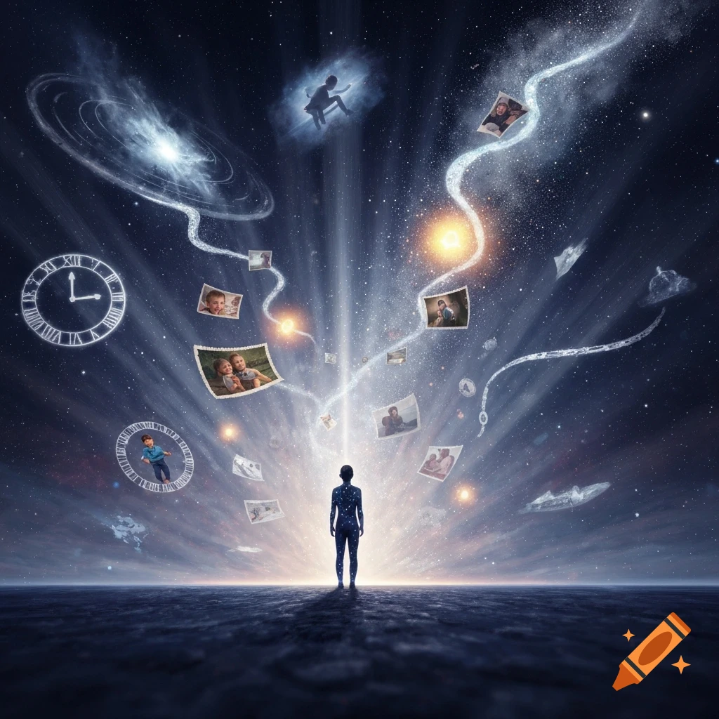 A person stands on dark ground, looking up at glowing cosmic elements, floating photographs of memories, and a clock in a starry sky.
