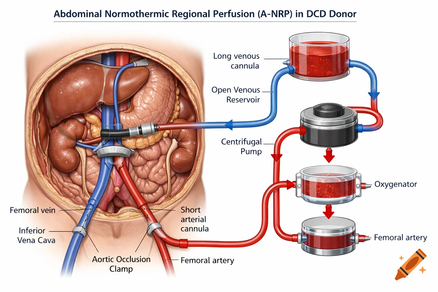 Detailed medical diagram of Abdominal Normothermic Regional Perfusion (A-NRP) in a DCD donor, showing internal organs and perfusion circuit.