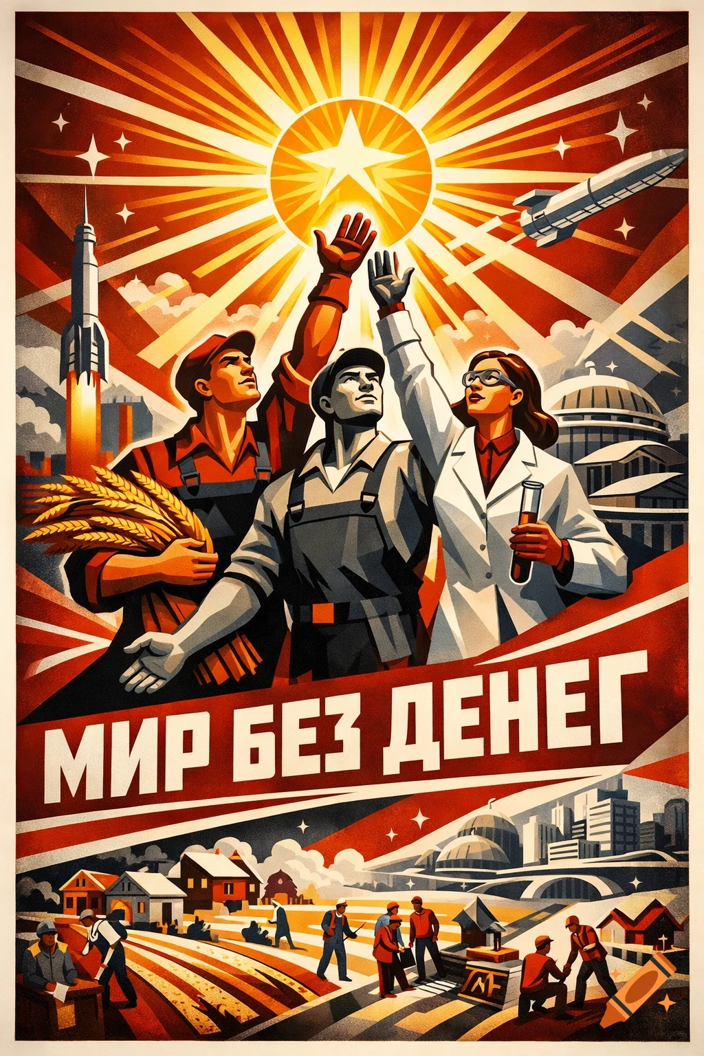 Soviet-style futurist propaganda poster with a worker, farmer, and scientist reaching for a star, rockets, agriculture, and construction.