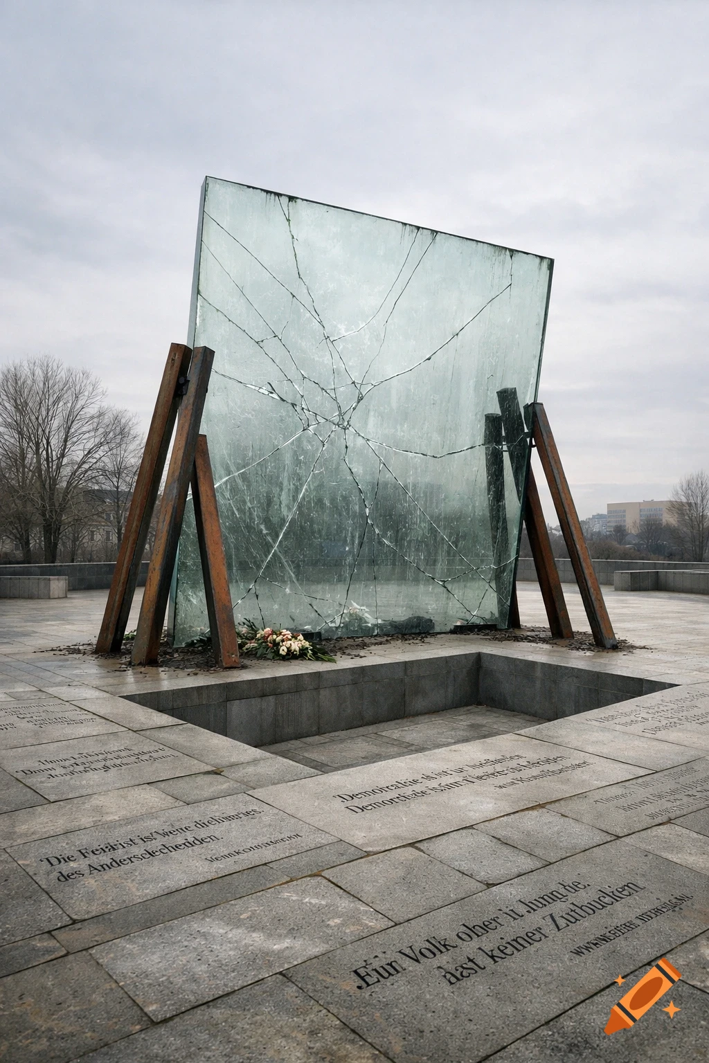 A modern memorial featuring a large, cracked but unbroken glass slab supported by rusty metal beams, set on a plaza with embedded text fragments and a sunken empty area under a cloudy sky.