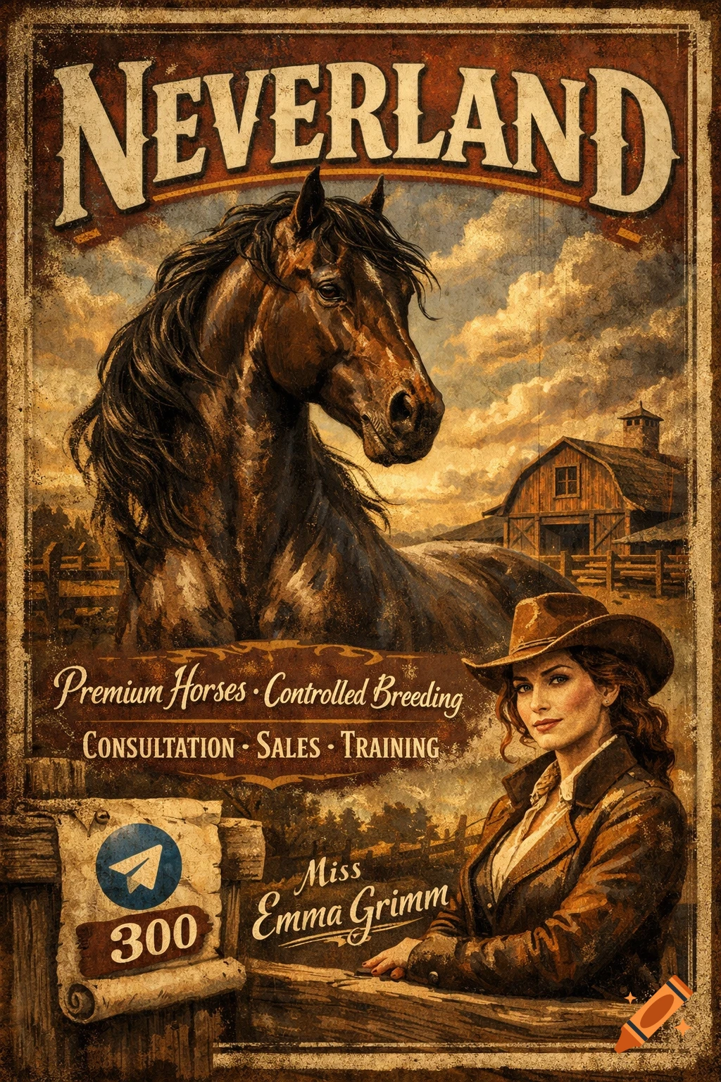 A vintage-style advertisement for Neverland horse breeding, featuring a brown horse, a barn, and a cowgirl in a hat.