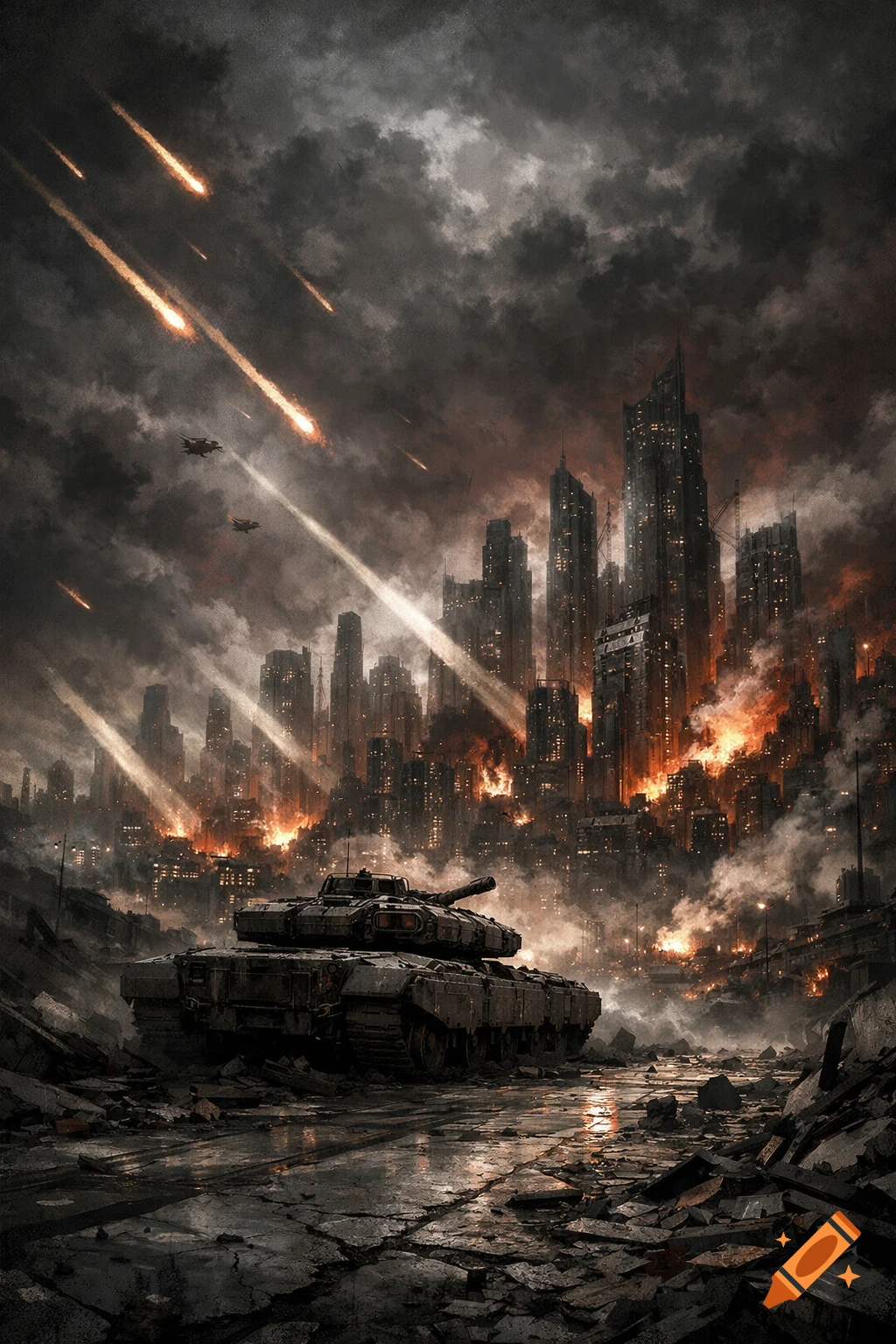 A dark, dramatic image of a tank on a rubble-strewn street in a burning, destroyed city with meteors falling from a stormy sky.