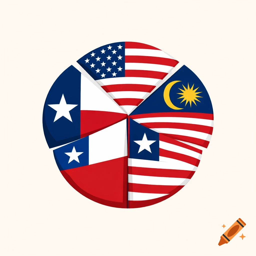 A circular pie chart composed of segmented flags including the USA, Malaysia, Texas, Chile, and Liberia.