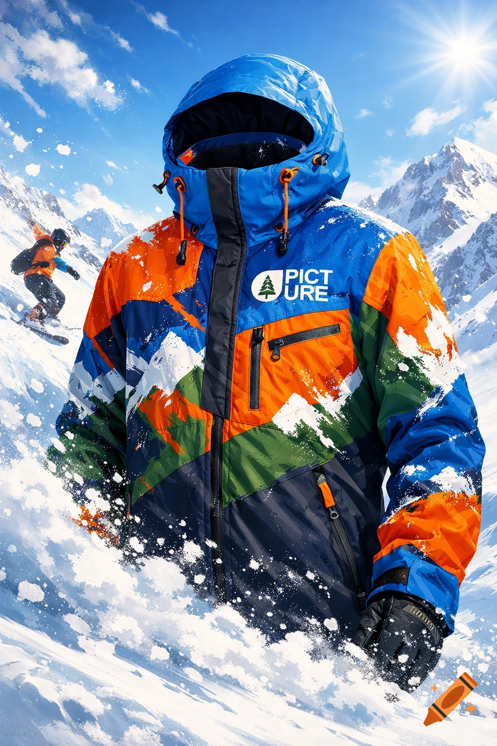 Vibrant blue and orange snowboard jacket with a tree logo, standing in a snowy mountain landscape with a snowboarder in the background.
