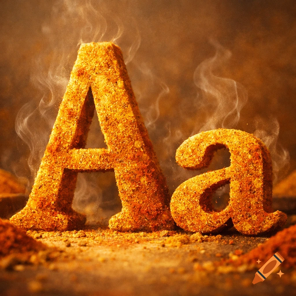 A close-up shot of an uppercase A and a lowercase a, both made of a textured spice mixture, emitting steam on a dark surface.