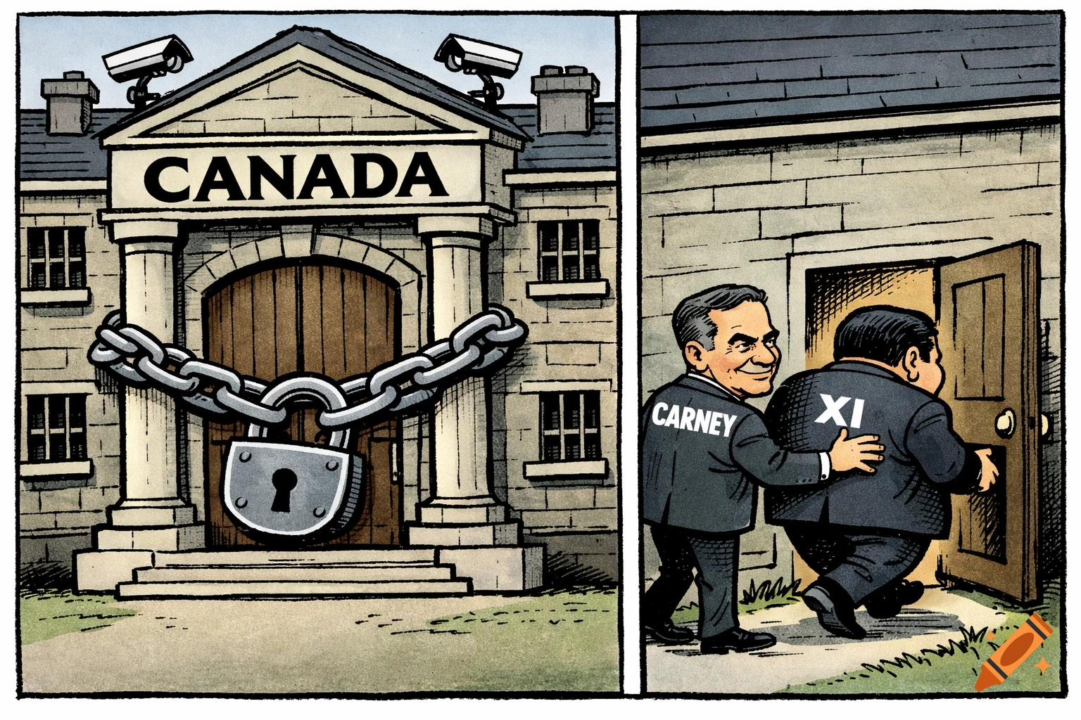 A political cartoon showing a building labeled 'CANADA' with a chained front door, as Carney ushers Xi through a back door.