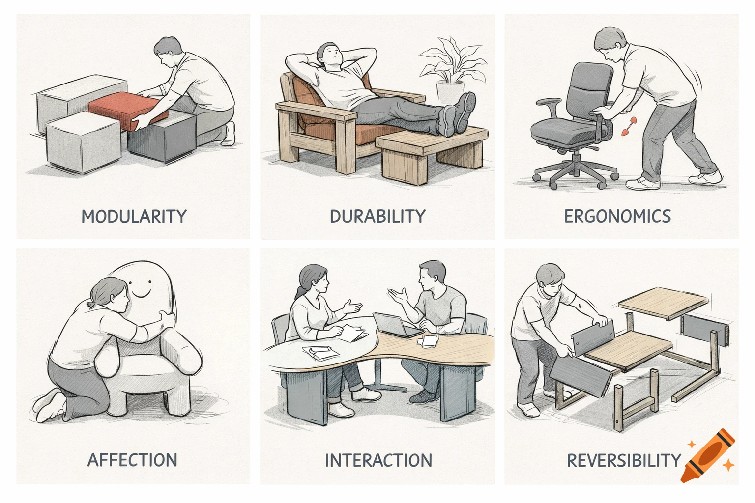 Six sketches illustrating concepts like modularity, durability, ergonomics, affection, interaction, and reversibility, using people and furniture.