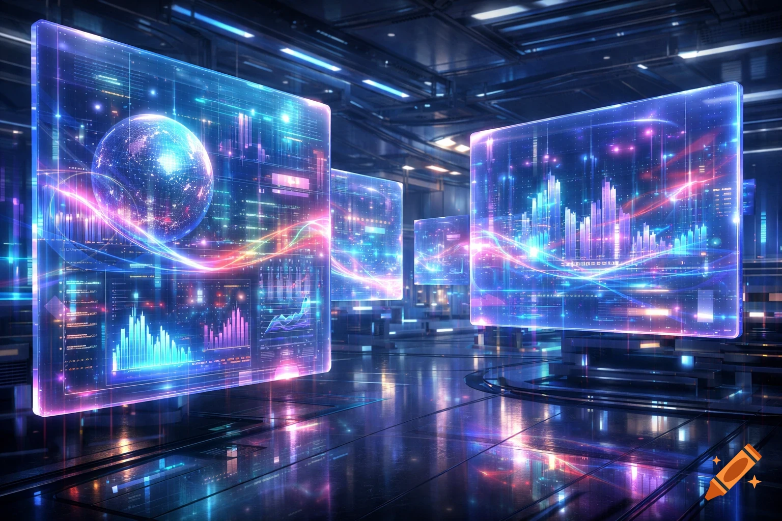 Futuristic holographic screens displaying glowing digital data, charts, and abstract visuals in a vibrant, high-tech environment.