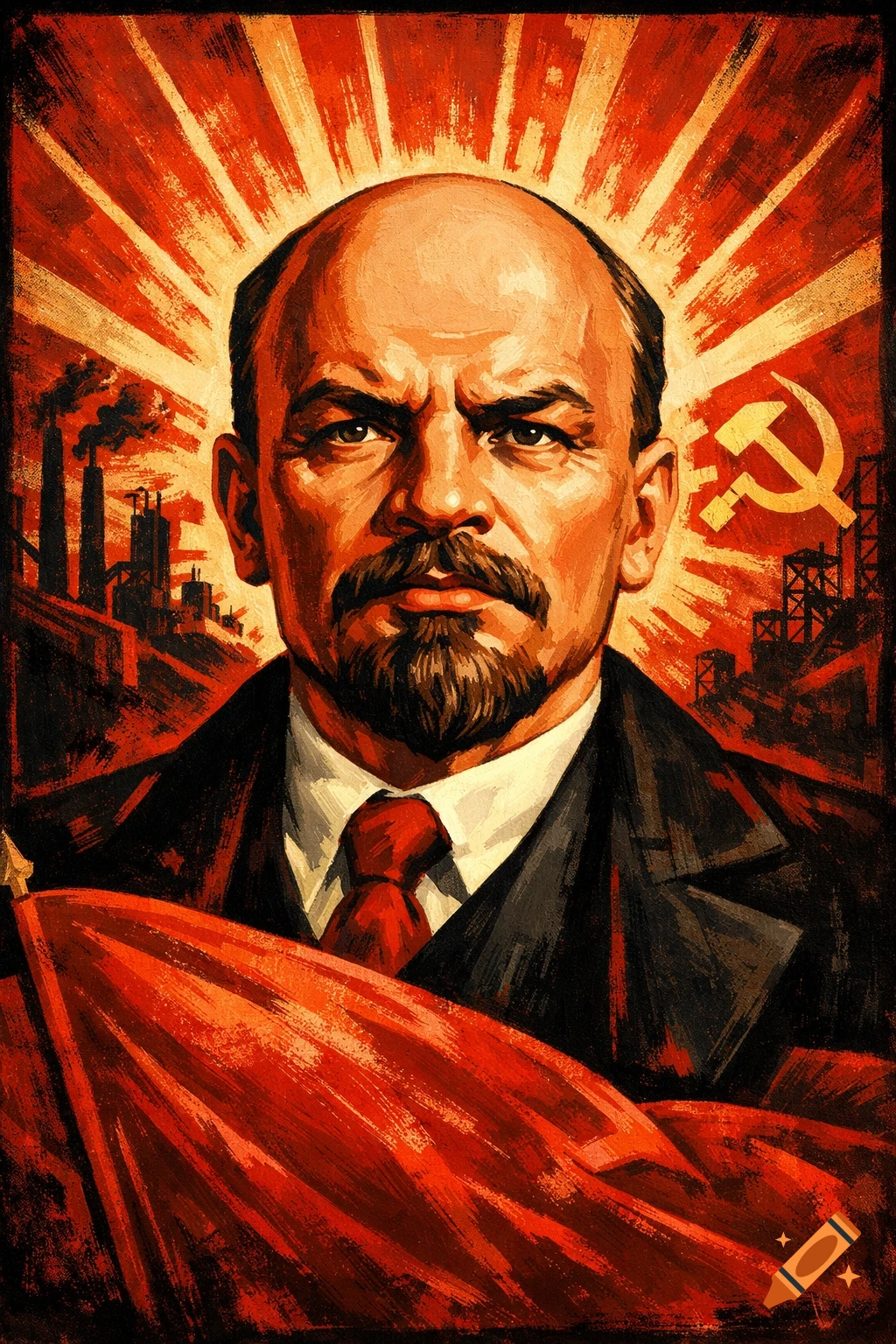 Stylized Soviet propaganda poster portrait of Vladimir Lenin with a red flag, industrial background, and hammer and sickle.