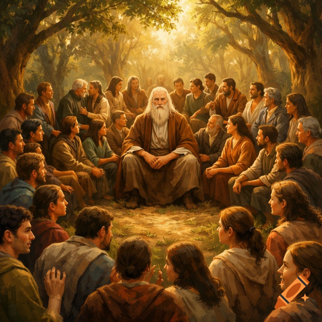 An elder man with a long white beard sits in the center of a large group of people gathered in a forest, bathed in golden light, in a painterly style.