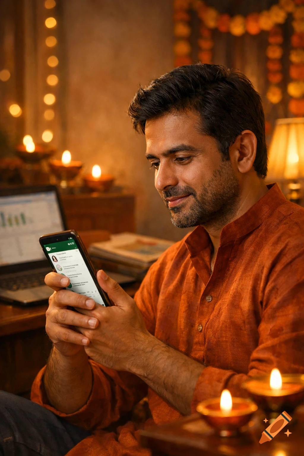 A smiling Indian man in traditional attire uses a smartphone, surrounded by glowing diya lamps and festive Diwali decorations in a warm, indoor setting.