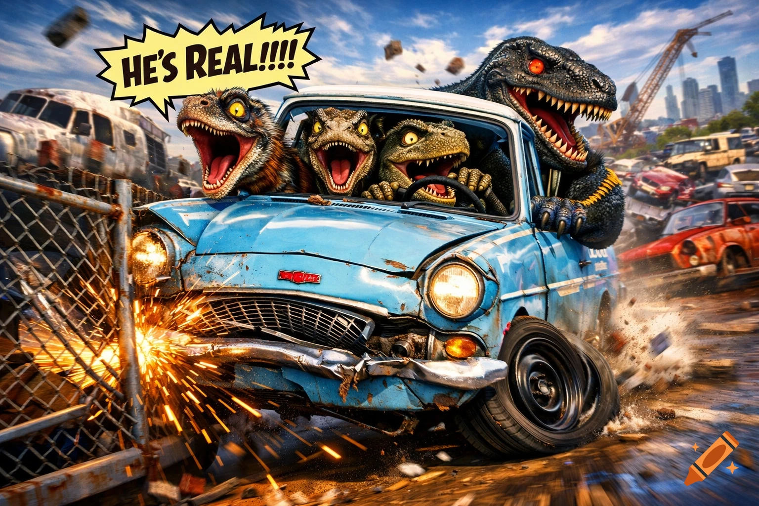 Cartoon dinosaurs ride a crashed blue car through a junkyard, sparks fly from a fence, with a speech bubble saying 'HE'S REAL!!!!'.