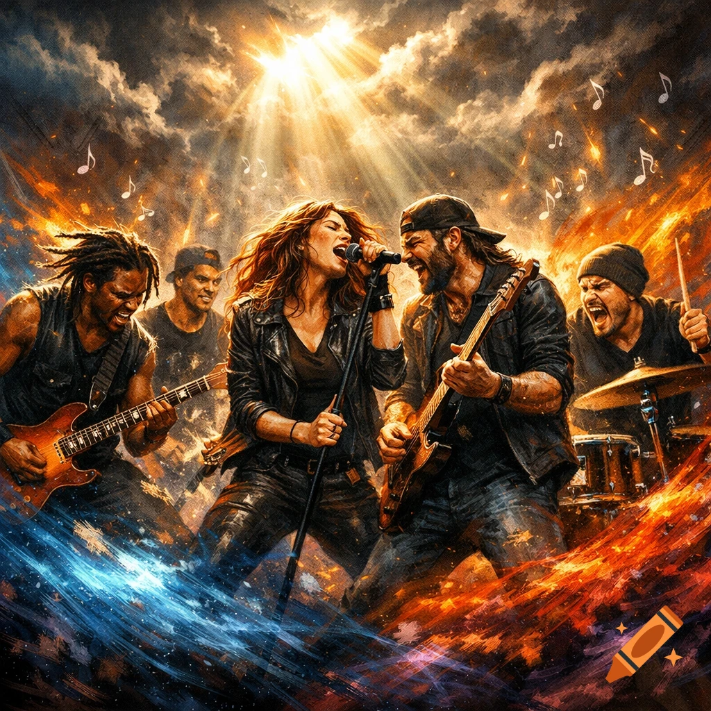 A dynamic digital art rendering of a rock band performing live, surrounded by fire, ice, and dramatic light rays.