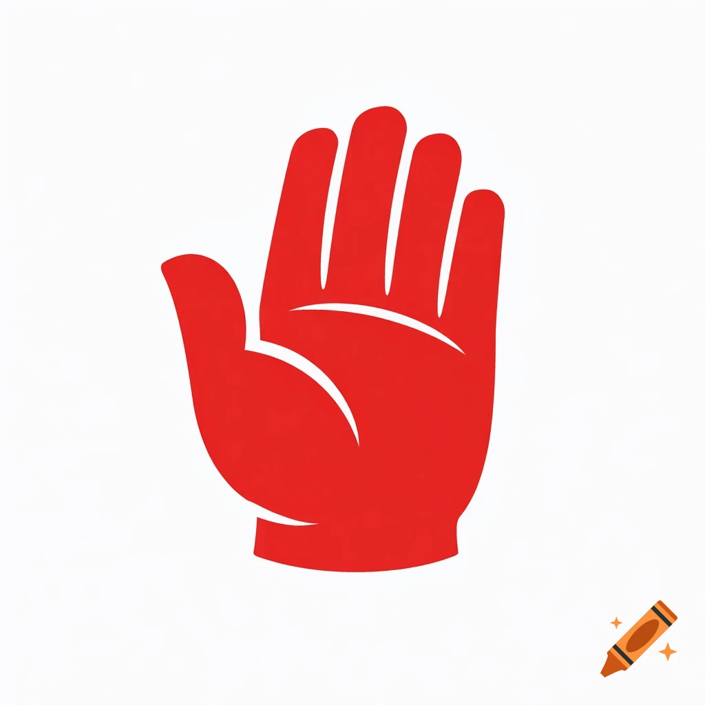 A minimalist red hand symbol on a white background.