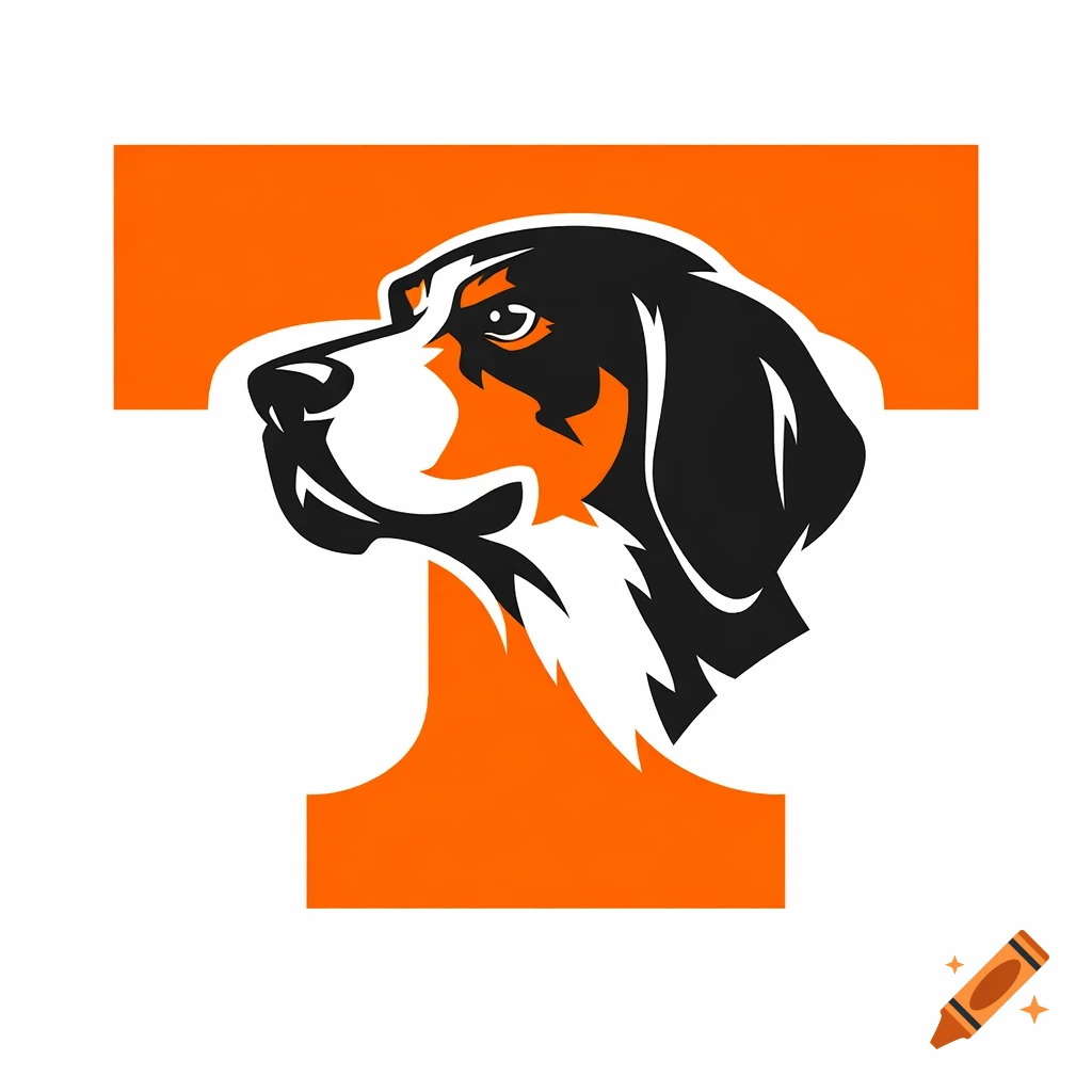 Stylized logo featuring an orange letter T with a black and white bluetick beagle head in profile.