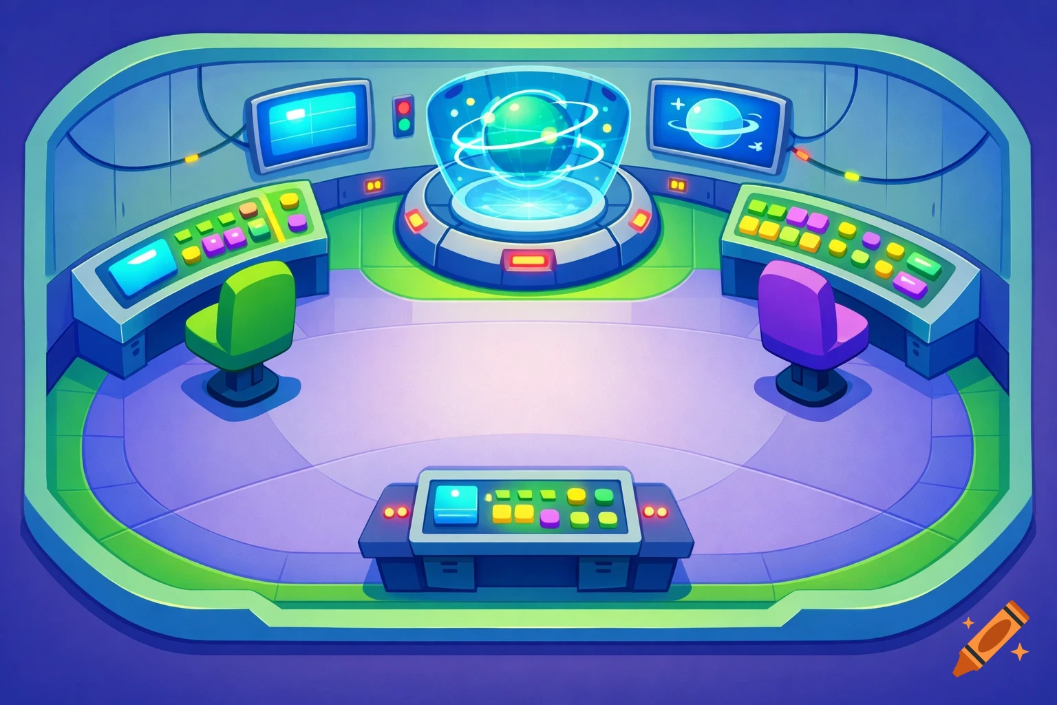 Cartoon sci-fi control room, top-down view, with a central glowing hologram, two chairs, and colorful control panels.