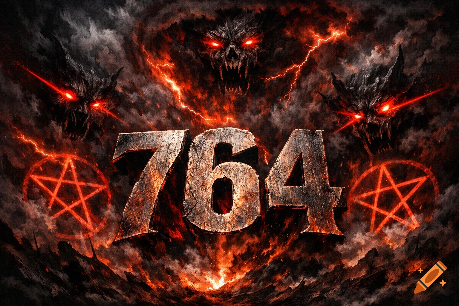 Large, cracked numbers '764' framed by menacing demon faces with red eyes, red lightning, and glowing pentagrams in dark clouds.