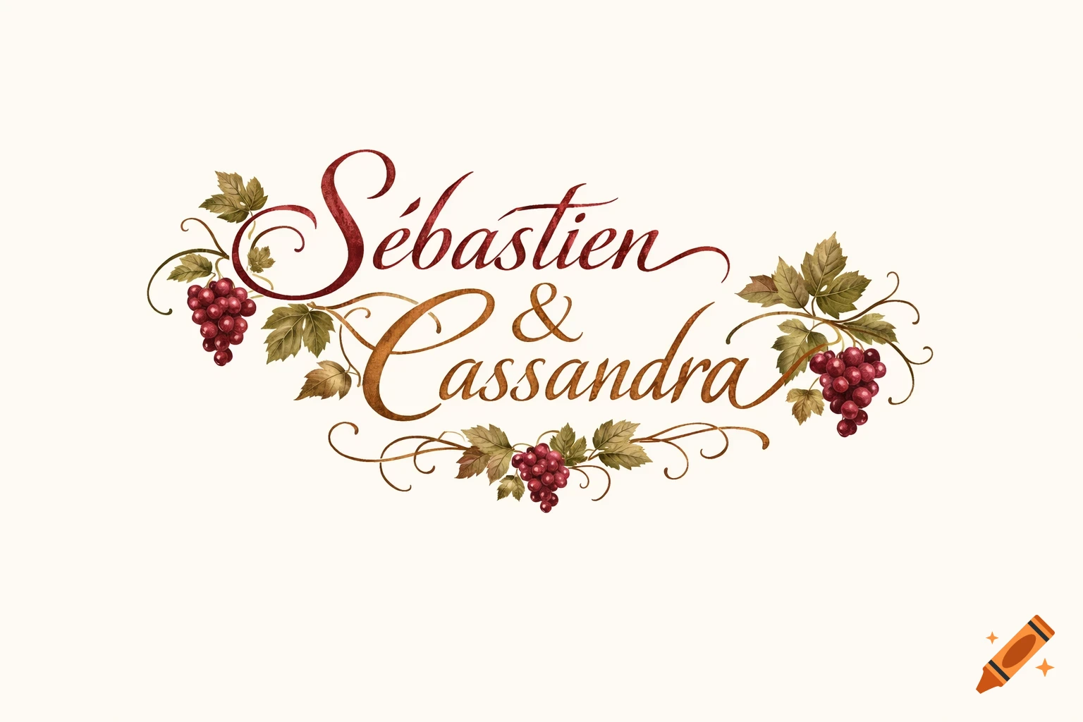 Calligraphic logo featuring the names Sébastien & Cassandra intertwined with grapevines and red grape clusters on a light background.
