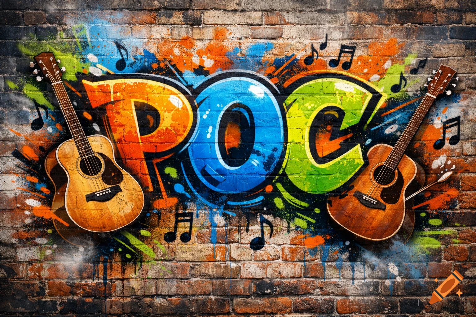 Graffiti art of 'POC' in vibrant orange, blue, and green on a brick wall, flanked by acoustic guitars and musical notes.